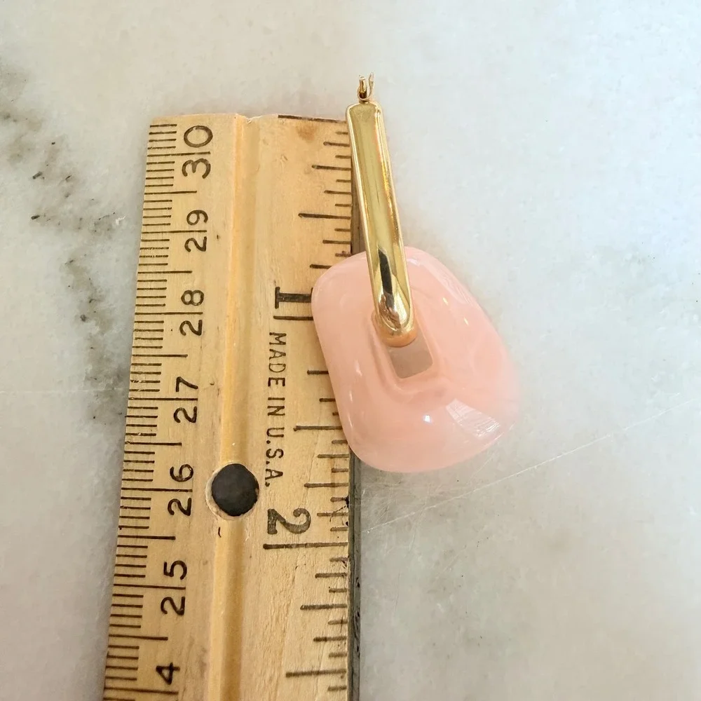 Gold Dipped Peach Pink Blush Marbled Resin Geometric Drop Hoop Earrings